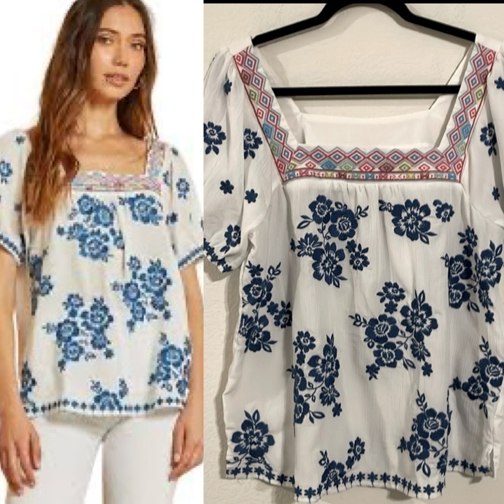 Savanna Jane Women Shirt Medium Solid Ivory Floral Embroidered Coastal Cowgirl